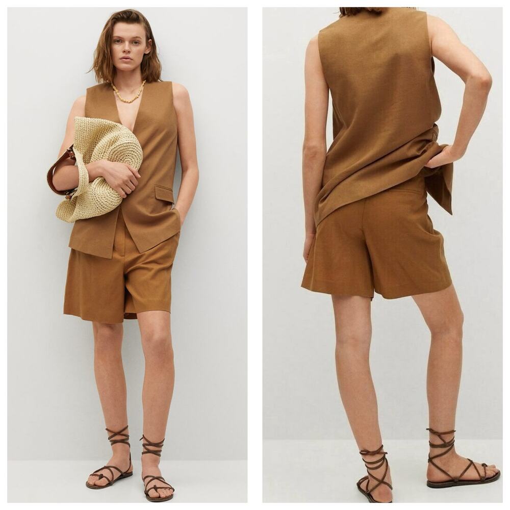 Mango Camel Vest Long Short Set Size 4 Oversized Minimalist Linen Classic